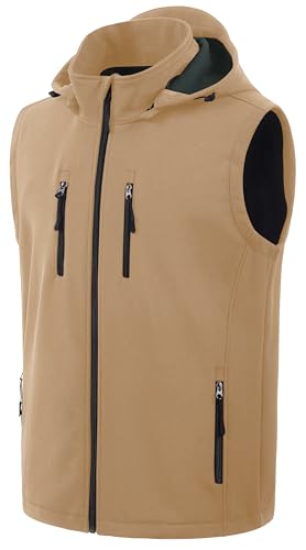 CREATMO US Men's Casual Lightweight Warm Thin Outerwear Vest Windbreaker Sleeveless Jacket With Removable Hood - color: Khaki, size: X-Large