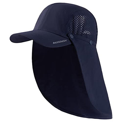 BASSDASH UPF 50+ Foldable Fishing Hat Baseball Cap with Removable Neck Flap Portable for Men Women Golf Hiking - color: Dark Blue With Unfoldable Brim