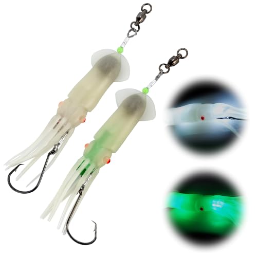Dr.Fish Saltwater Squid Fishing Lures, 6" LED Lighted Lures 6/0 Hooks Squid Jig Rig Halibut Lincod Jig Offshore Trolling Baits Deep Drop Light Glow in Dark Mackerel Tuna Striper Lures - color: Green&White, size: 6/0 Circle Hook-6"(2.5oz)