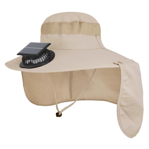 Extra Wide Brim Solar Fan Hat, Mens Fishing Hat with Fan, Neck Flap Sun Hat, UPF 50+ Solar Powered Cooling Cap Fisherman Hats - color: Khaki With Neck Flap