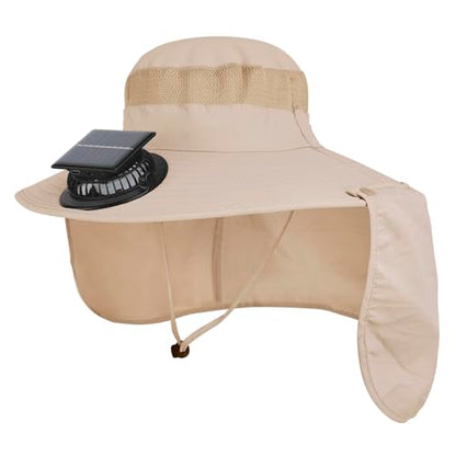 Extra Wide Brim Solar Fan Hat, Mens Fishing Hat with Fan, Neck Flap Sun Hat, UPF 50+ Solar Powered Cooling Cap Fisherman Hats - color: Khaki With Neck Flap