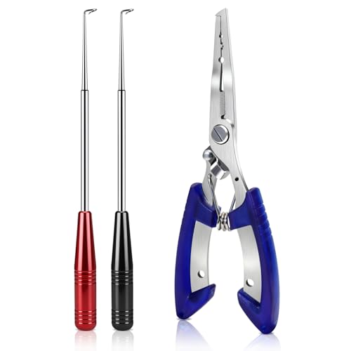 Fishing Pliers & Fish Hook Remover Tool Kit - 2 Stainless Steel Hook Removers with 1 Split Ring Pliers, Non-Slip Handle for Bass Trout Catfish, Saltwater Freshwater Family Fishing Gear