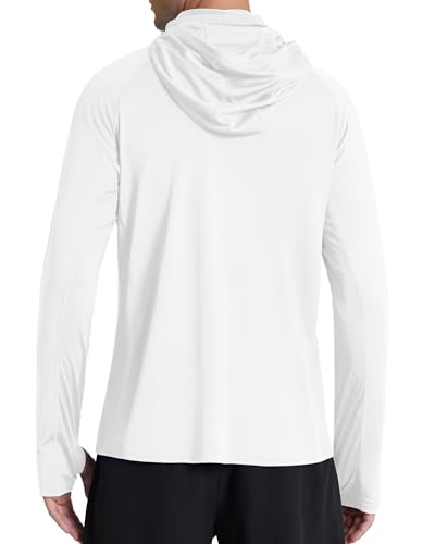 Roadbox Men's UPF 50+ Hooded Fishing Shirts Long Sleeve Sun Protection Hoodie, Hiking Running Swimming Rash Guard with Mask - color: White, size: Small