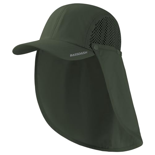 BASSDASH UPF 50+ Foldable Fishing Hat Baseball Cap with Removable Neck Flap Portable for Men Women Golf Hiking - color: Army Green With Unfoldable Brim