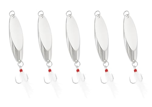 Fishing Spoons Fishing Lures Hard Metal Spinner Baits Reflective Casting Spoon Treble Hooks Jigs for Freshwater Saltwater，5 PCS with Box - color: Silver, size: 1/4oz