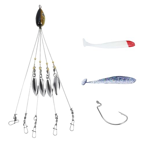 Dnyta 5 Arms Umbrella Rig Kit Umbrella‑Style Alabama Rig Kit, Classic | Multi‑Arm Fishing Bait Rigs Crank Hook and Soft Bait for Trout Perch Walleye Freshwater/Saltwater Boat Trolling - color: Classic