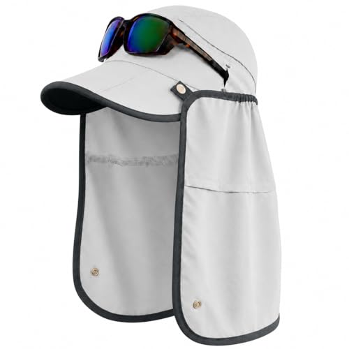 Palmyth Fishing Sun Hat with Detachable Neck Flap UPF 50+ Baseball Cap | Convertible Ventilation Panel, Sunglass Lock, Water Resistant, Foldable, Ventilation Holes, 3 Ways to Wear, Men & Women - color: Light Grey