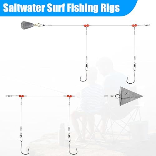 Saltwater Surf Fishing Tackle Kit - Saltwater Surf Fishing Rigs Bottom Rigs Include Fishing Leader Rigs Pyramid Sinkers Bass Casting Sinker Circle Hooks for Striped Bass Red Drum Flounder - color: Clear