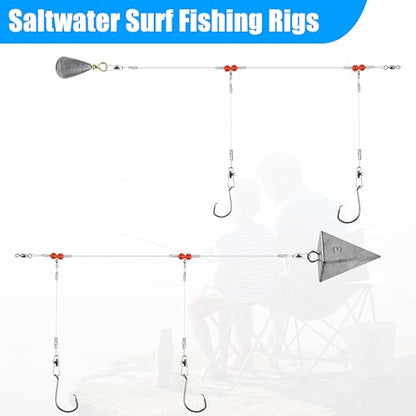 Saltwater Surf Fishing Tackle Kit - Saltwater Surf Fishing Rigs Bottom Rigs Include Fishing Leader Rigs Pyramid Sinkers Bass Casting Sinker Circle Hooks for Striped Bass Red Drum Flounder - color: Clear