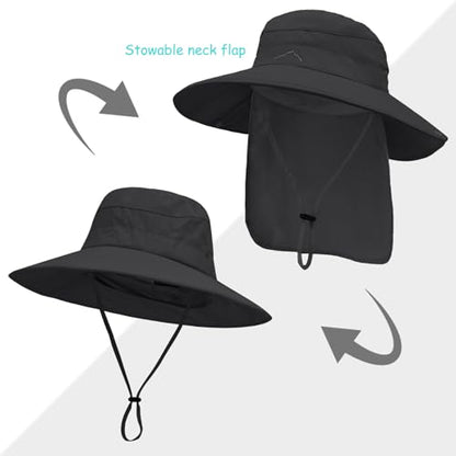 Sun Hats for Men Women, UPF50+ Protection Safari Hat,Wide Brim Fishing Hat with Neck Flap,Bucket Hats for Beach Hiking - color: Black