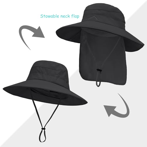 Sun Hats for Men Women, UPF50+ Protection Safari Hat,Wide Brim Fishing Hat with Neck Flap,Bucket Hats for Beach Hiking - color: Blacksleeves
