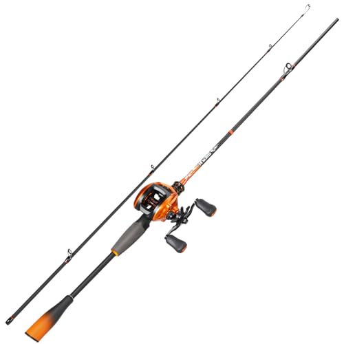 Sougayilang Baitcaster Combo – IM6 Graphite 2-Piece Rod, M/MH Power, Stainless Steel Guides, 6.3:1 Gear Ratio, 18LB Drag for Bass, Walleye, Catfish Travel Combo - color: Cast-Right Hand, size: 7 FT