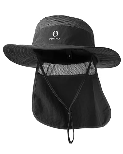 FURTALK Sun Hats for Men Women Fishing Hat with Neck Flap UPF 80+ Breathable Wide Brim Hiking Safari Summer Bucket Hats - color: Black
