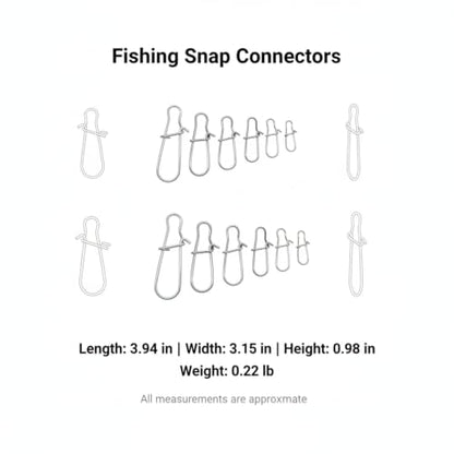 100-Pack Fishing Snap Connectors, Stainless Steel Lure Snaps for Quick Tackle Swapping, Assorted Sizes Saltwater and Freshwater Terminal Tackle Accessories - size: 3.94 x 3.15 x 0.98"