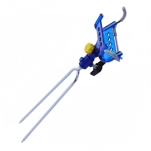Blue Fishing Rod Holder with Metal Ground Spike, Adjustable Rotating Head for Sand and Soil, Portable Beach and Riverbank Stake