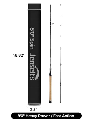 Jenseits Carbon Fiber Fishing Rod Series (6-12 Ft), Spinning & Casting Rods with Stainless Steel Ceramic Guides, Fast Action Fishing Pole for Bass, Trout, Walleye & Surf Fishing - size: 8'0"-Heavy-Fast-Black, style: Spinning
