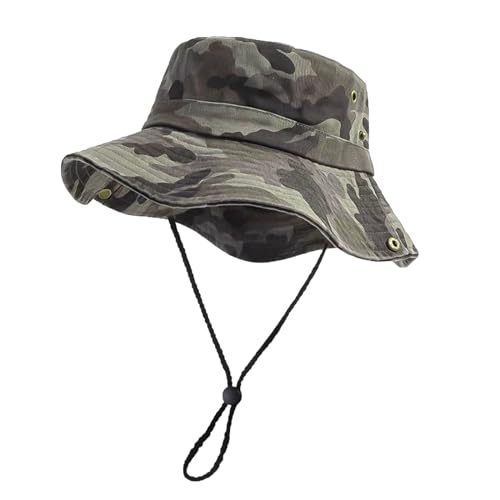 Men's Bucket Hat Camo Outdoor Sun Protection, Breathable Quick-Dry Fishing Gardening Hiking Hat ,UPF50+ Cotton Wide Brim - color: Light Camouflage