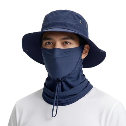 Fishing Hat with Summer Breathable Neck Gaiter, Wide Brim Sun Hat for Men & Women, Outdoor UV Sun Protection Hat & Face Mask - color: Dark Blue