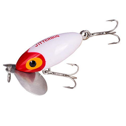 Arbogast Jitterbug Topwater Bass Fishing Lure - Excellent for Night Fishing - color: White/Red Head, size: 3", 5/8 oz