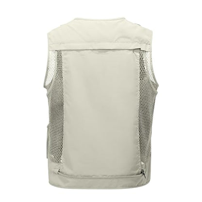 Men's Fishing Vest Casual Utility Lightweight Cargo Vest with Multi Pockets Outdoor Safari Photo Travel Jacket Vest - color: Y004- Beige, size: Small