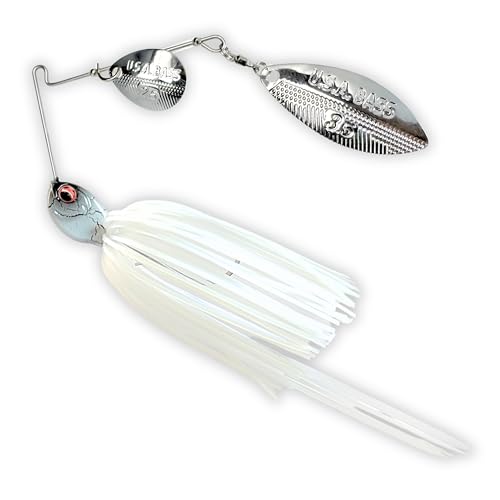USA BASS Tackle Apache Attack Spinnerbait Type II Largemouth Smallmouth Spotted Bass Premium Fishing Bait Handtied Skirt Custom Blades Heavy Duty Hook New for 2025 - color: White Knight, size: 1/2oz - Willow/Colorado