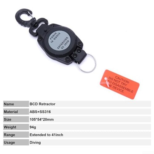 Diving Gear Retractor With Clip Anti-Lost Retractable Rope 41 Inch For Scuba Diving Snorkeling Freediving Spearfishing Swimming Equipment ABS 316 Stainless Steel Black