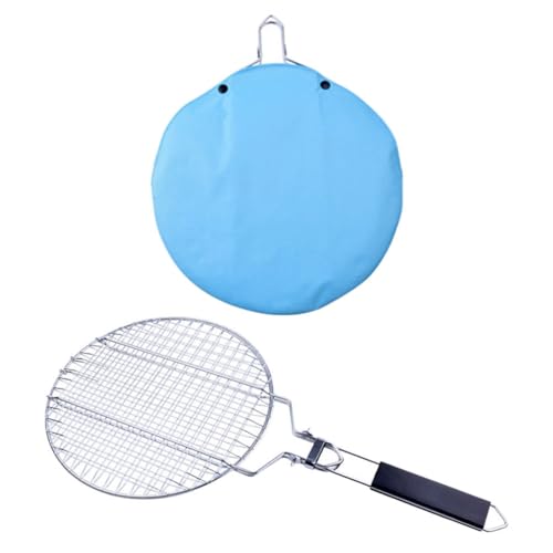 Angoily Grill Basket, Round BBQ Basket Vegetable Roasting Grilling Rack, Portable Stainless Steel Folding Fish Net, Removable Handle Meat Clamp, Outdoor Barbecue Campfire Cookware Accessories