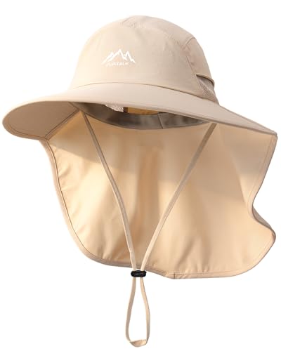 FURTALK Sun Hats for Men Women Fishing Hat with Neck Flap Chin Strap UPF 80+ Wide Brim Hiking Safari Summer Hats - color: Beige