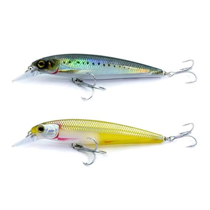 LOGOFUN 2Pcs Fishing Lures Top Water and Deep Sea Bass Fishing Lure for Freshwater and Saltwater Swim Bait 3D Holographic Laser Floating Lure Angling Fishing Gear, 4.7 Inch, 0.8 oz, SW-120F - color: #YS & #SD