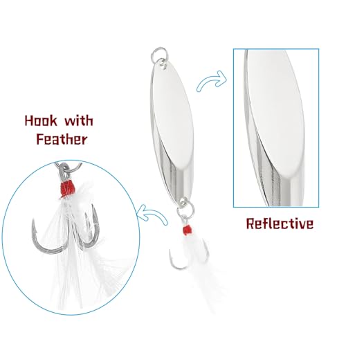 Fishing Spoons Fishing Lures Hard Metal Spinner Baits Reflective Casting Spoon Treble Hooks Jigs for Freshwater Saltwater，5 PCS with Box - color: Silver, size: 1/4oz