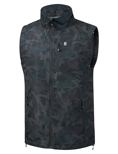 Little Donkey Andy Men's Lightweight Quick Dry Vest Packble Outerwear Sleeveless Windproof Jacket for Golfing Cycling Running - color: Black Camo, size: Large