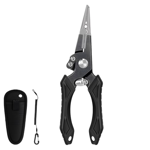 Stainless Steel Hook Remover Fishing Pliers, Aluminum with Tungsten Carbide Cutters, Serrated Jaws, Rubber Ergonomic Handle, Sheath and Lanyard Included