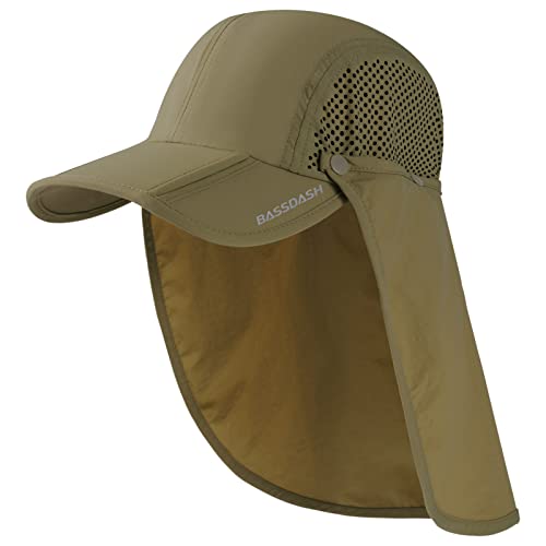 BASSDASH UPF 50+ Foldable Fishing Hat Baseball Cap with Removable Neck Flap Portable for Men Women Golf Hiking - color: Khaki With Foldable Brim