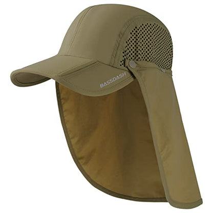 BASSDASH UPF 50+ Foldable Fishing Hat Baseball Cap with Removable Neck Flap Portable for Men Women Golf Hiking - color: Khaki With Foldable Brim