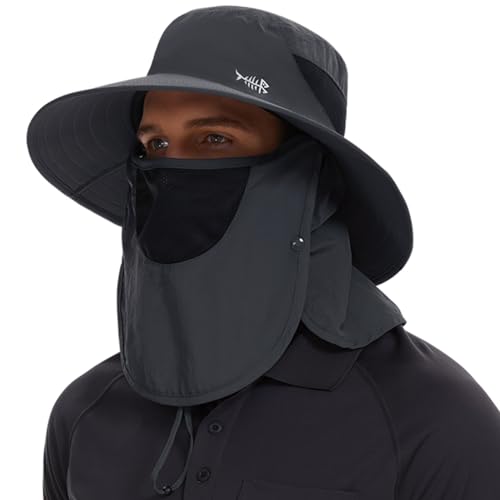 BASSDASH UPF 50+ Breathable Sun Hat with Removable Face Cover and Neck Flap Wide Brim Bucket Hat for Fishing Hiking Men Women - color: Dark Grey