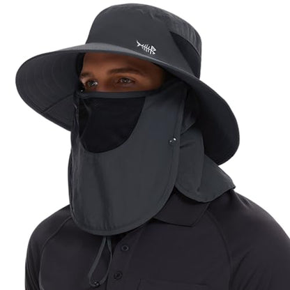 BASSDASH UPF 50+ Breathable Sun Hat with Removable Face Cover and Neck Flap Wide Brim Bucket Hat for Fishing Hiking Men Women - color: Dark Grey