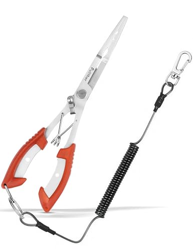 Stainless Steel Fishing Pliers,Needle Nose Pliers Fishing,Fishing Gear Hook Remover with Lanyard,Multitool for Saltwater - color: red