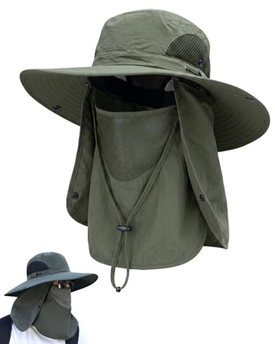Mens Sun Hat with Neck Flap & Face Cover UPF 50+ Ultimate 360° All Terrain UV Protection Wide Brim Bucket Hats Hiking Fishing - color: Green