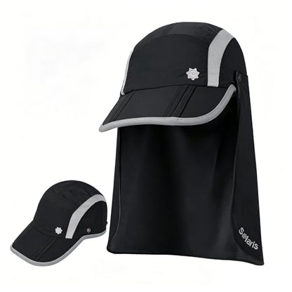 Fishing Hat with Removable Neck Flap, Foldable Sun Protection Baseball Cap - color: Black
