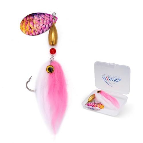 Pike Musky Walleye Fishing Lure Spinnerbait with Feathered Hooks Rooster Tail Fishing Lures Spoon Lures Baits with Tackle Box - color: Style B-Pink