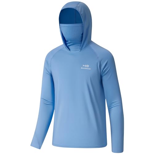 BASSDASH Youth UPF 50+ Hooded Shirts with Mask UV Neck Gaiter Sun Protection Long Sleeve T Shirt for Fishing Swim - color: Carolina, size: X-Large