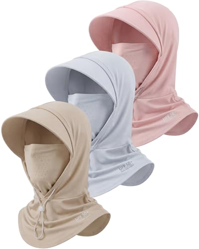Shihanee 3 Pack Balaclava Face Mask Sun Protection Hood Cooling Breathable Full Head Mask for Men Women Fishing Cycling - color: Khaki, Pink, Light Gray