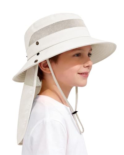 Century Star Kids Sun Hat with Detachable Neck Flap,UPF 50+ Windproof Waterproof Beach Bucket Hat Outdoor Fishing Safari - color: Beige