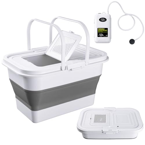 2 Pcs Fishing Bucket and Live Bait Aerator, 13L Foldable Multi Functional Live Bait Bucket Portable Quiet Aerator 14 Quarts Collapsible Fish Transport Container for Outdoor Fishing