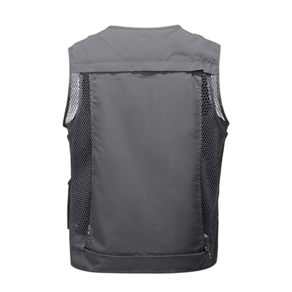 Men's Fishing Vest Casual Utility Lightweight Cargo Vest with Multi Pockets Outdoor Safari Photo Travel Jacket Vest - color: Y003- Gray, size: Medium