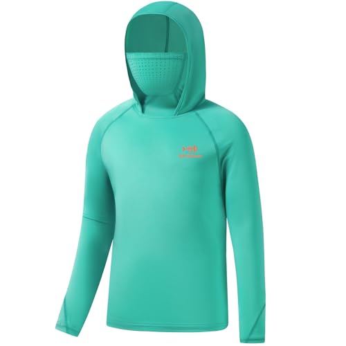 BASSDASH Youth UPF 50+ Hooded Shirts with Mask UV Neck Gaiter Sun Protection Long Sleeve T Shirt for Fishing Swim - color: Aqua Green, size: Medium