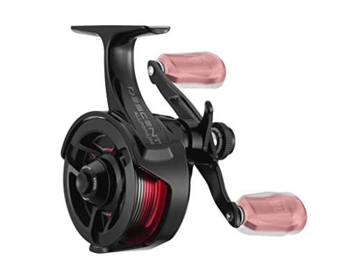 13 Fishing - Descent Aluminum - Inline Ice Fishing Reel - 2.7:1 Gear Ratio - Left Hand Retrieve (Aluminum Spool Gen 2 Design) - D2AL-2.7-RH, Black/Red