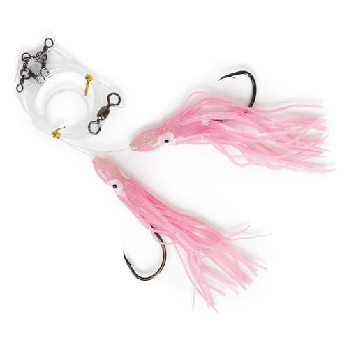 UMT Tile Fish Hi-Lo Fishing Rig 10/0 Snelled Octopus Mustad Hook, Pink & White Glow, Glow in The Dark Skirts Deepsea Fishing Rigs, Heavy Duty 3-Way Swivel 1, 5, 10 Pack Options - color: Pink Glow
