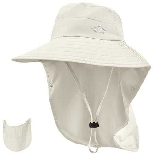 Rosoz Sun Hat for Men Women with Neck Flap,Wide Brim UPF50+ Fishing Hat with Detachable Face Cover Outdoor Sun Protection Hat - color: 1pack-ivory