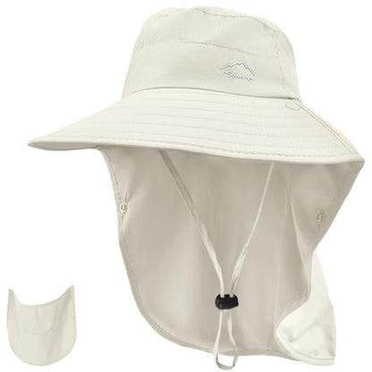 Rosoz Sun Hat for Men Women with Neck Flap,Wide Brim UPF50+ Fishing Hat with Detachable Face Cover Outdoor Sun Protection Hat - color: 1pack-ivory